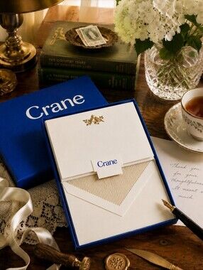 Crane Engraved Lovebirds Stationery Set USA Made Cotton Paper Gold Lined Notes
